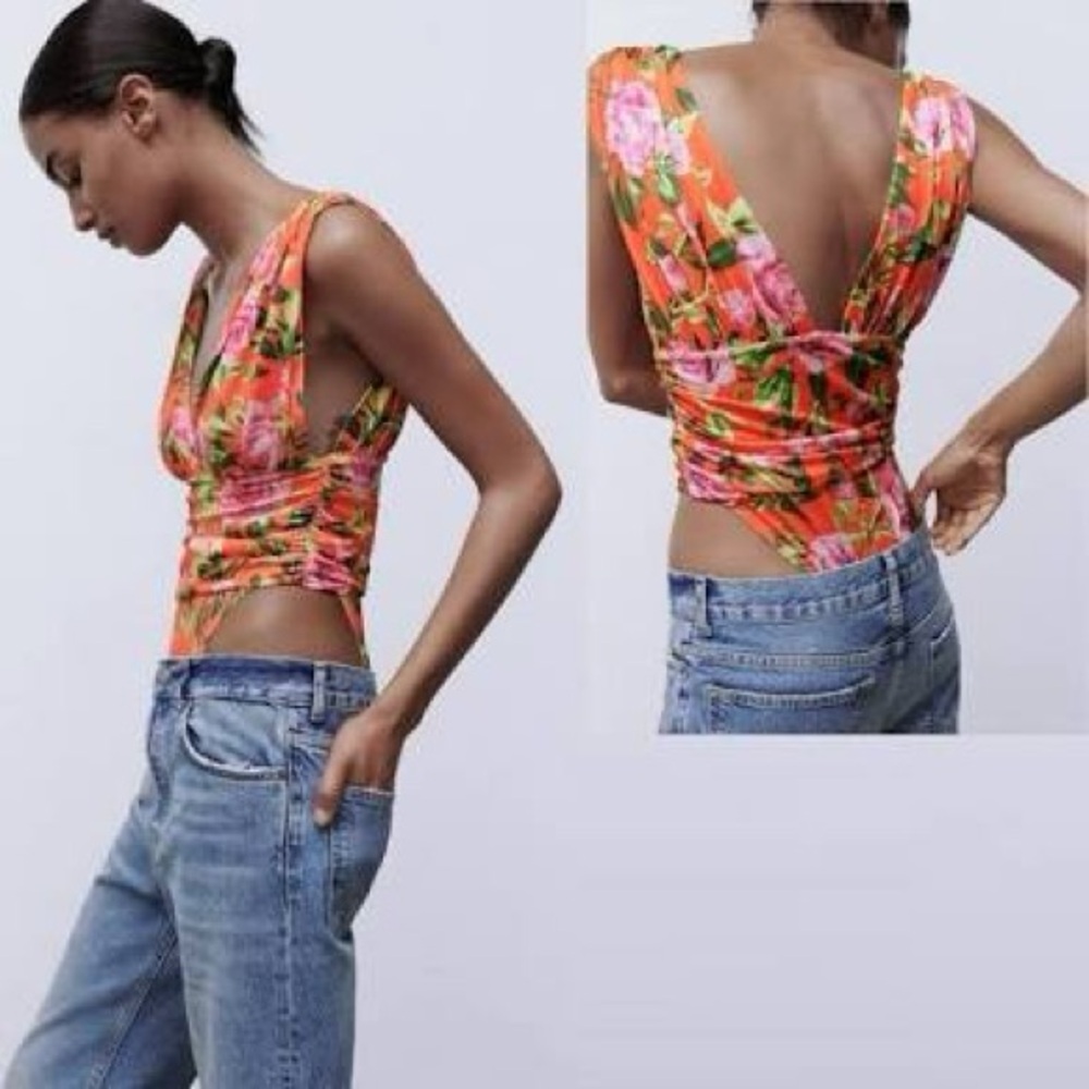 Floral V-Neck high cut bodysuit - Orange and Pink